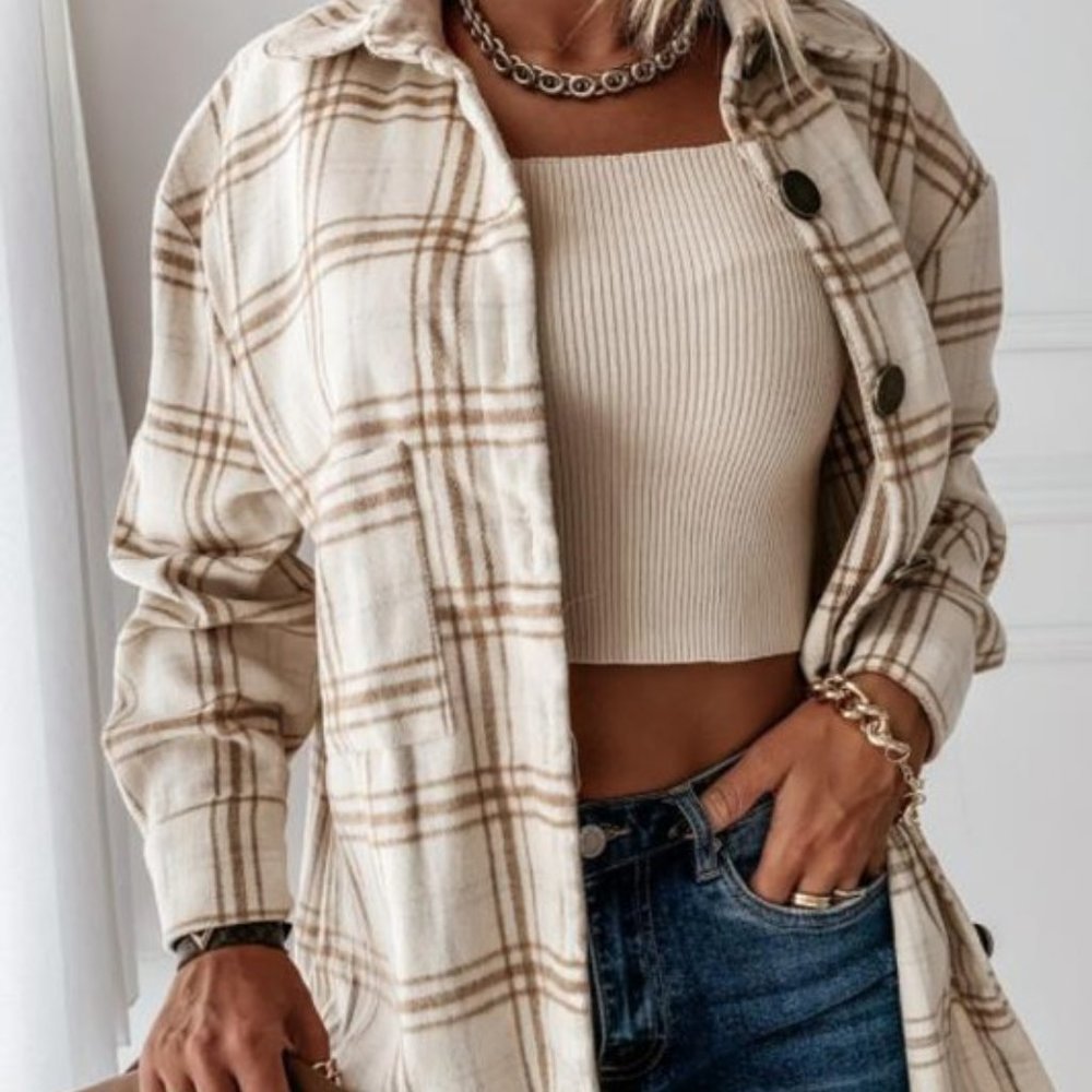 New Plaid Stripe Oversized Flannel Shirt Jacket - Picture 6 of 8